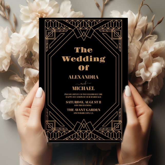 Art Deco Elegant Classic Gold Frame Black Wedding Invitation (Creator Uploaded)