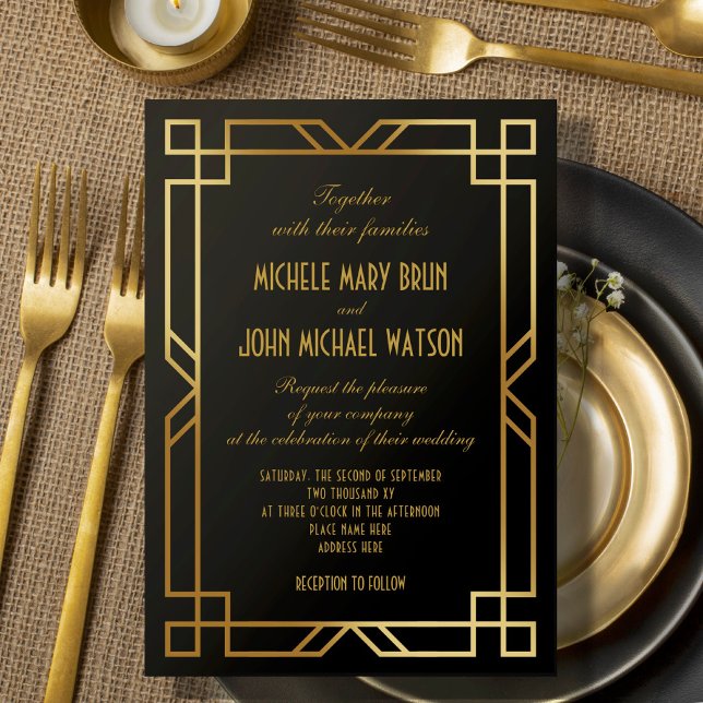 Art Deco Elegant Classic Gold Frame Black Wedding Invitation (Creator Uploaded)