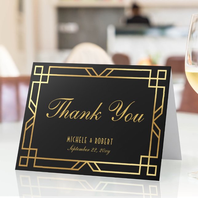 Art Deco Elegant Gold Frame Black Thank You Card (Creator Uploaded)