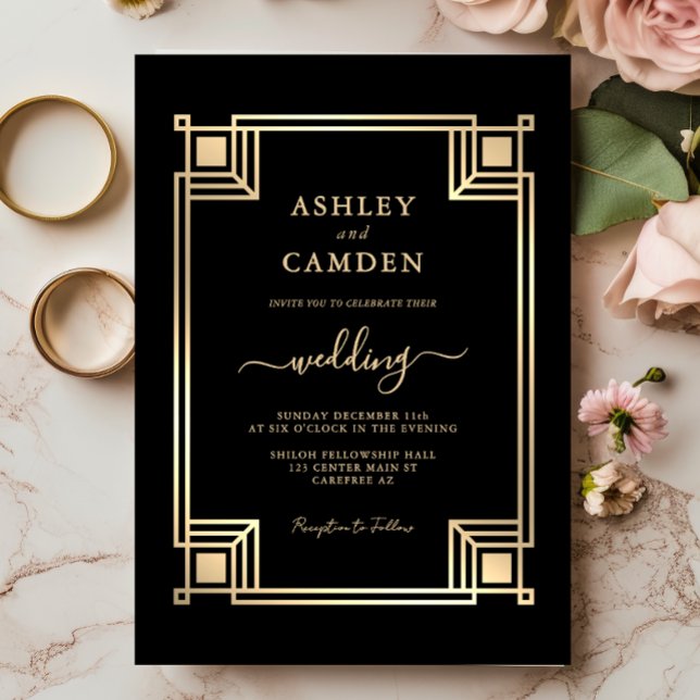 Art Deco Elegant Gold Frame Black Wedding Invitation (Creator Uploaded)