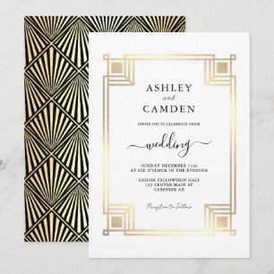 Art Deco Elegant Gold Frame White Wedding Invitation