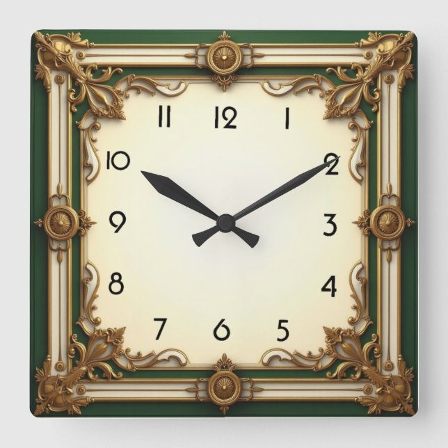 Art Deco Elegant Green  Square Wall Clock (Front)