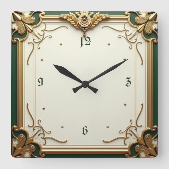 Art Deco Elegant Green Square Wall Clock (Front)