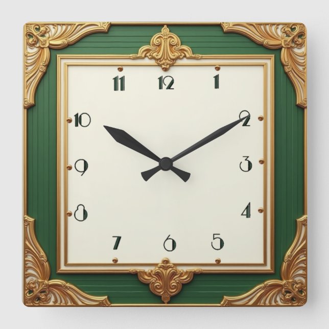 Art Deco Elegant Green Square Wall Clock (Front)