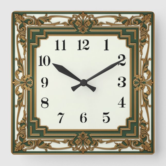 Art Deco Elegant Green Square Wall Clock (Front)