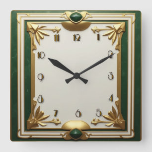 Art Deco Elegant Green Square Wall Clock