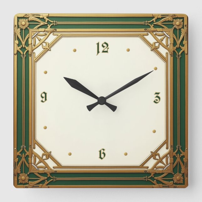 Art Deco Elegant Green Square Wall Clock (Front)