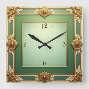 Art Deco Elegant Green Square Wall Clock