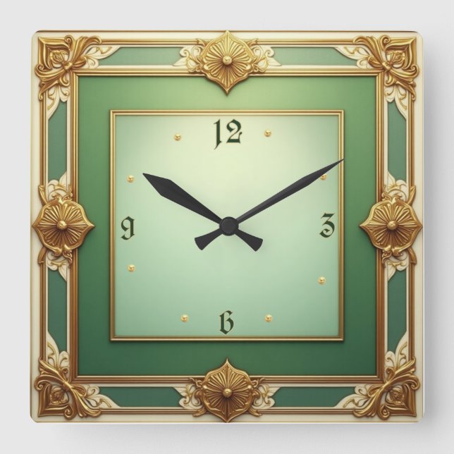 Art Deco Elegant Green Square Wall Clock (Front)
