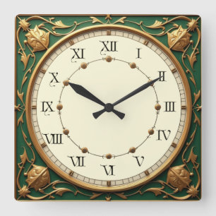 Art Deco Elegant Green Square Wall Clock