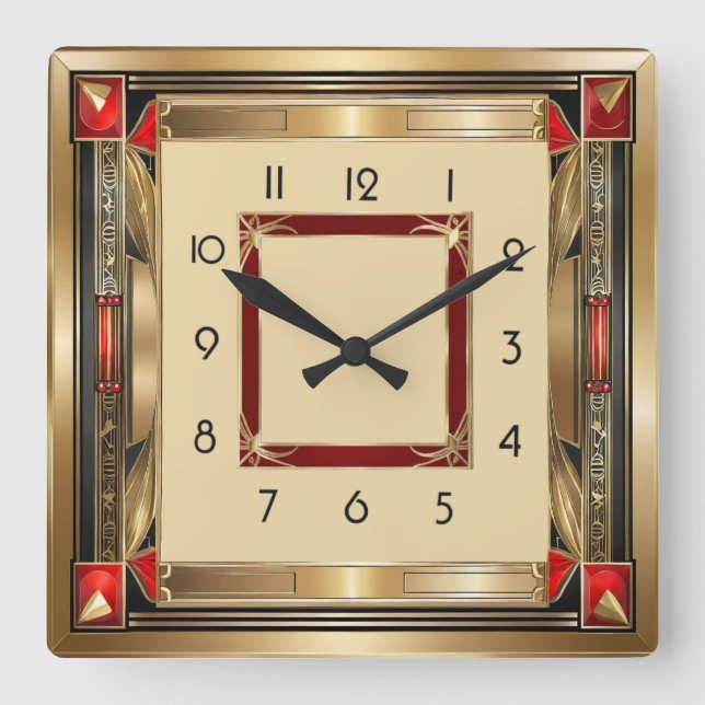 Art Deco elegant red and gold Square Wall Clock (Front)