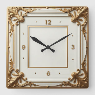 Art Deco Elegant White and Gold Square Wall Clock