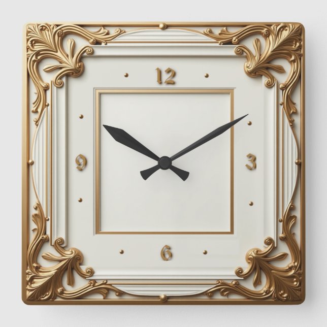 Art Deco Elegant White and Gold Square Wall Clock (Front)