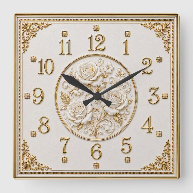 Art Deco Elegant White Rose Square Wall Clock (Front)