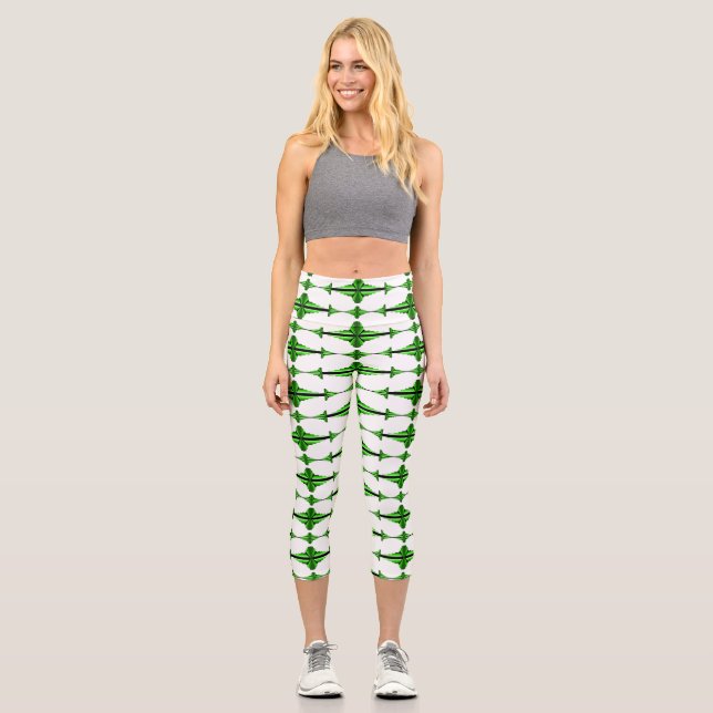 Art deco element in deep green capri leggings (Front)
