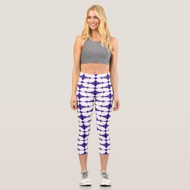 Art deco element in deep purple capri leggings (Front)