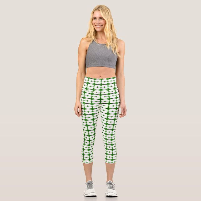 Art deco elements in deep green capri leggings (Front)