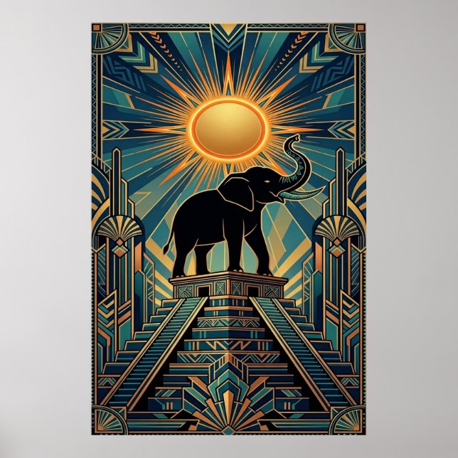 Art Deco Elephant Pyramid Golden Sunset Poster (Front)