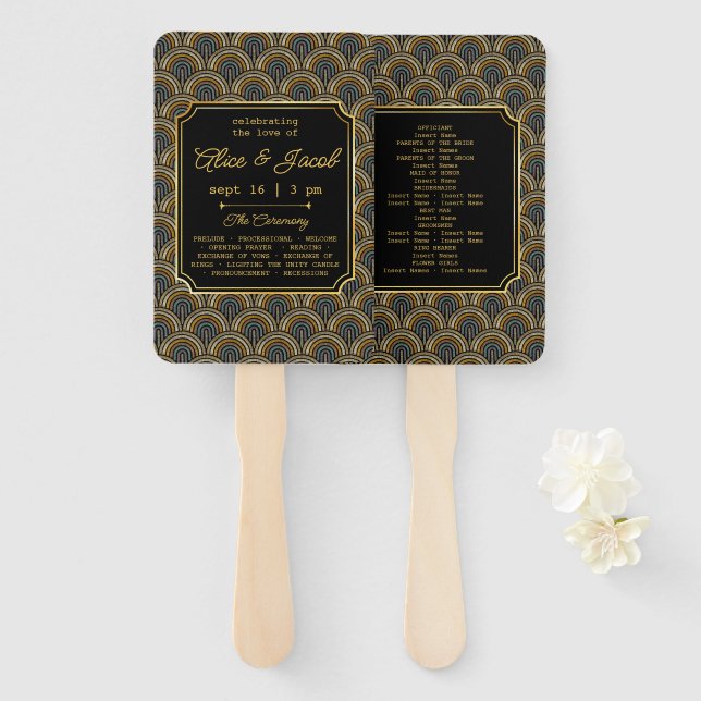 Art Deco Embroidered-Style Wedding Program Hand Fan (Front and Back)