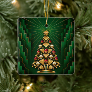 Art Deco Emerald & Gold Christmas Tree Ceramic Ornament