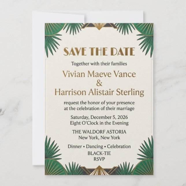 Art Deco Emerald & Gold Elegant Save the Date  Invitation (Front)