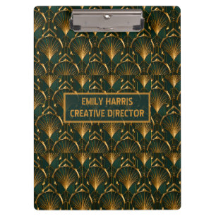 Art Deco Emerald Green Gold Custom Name Clipboard