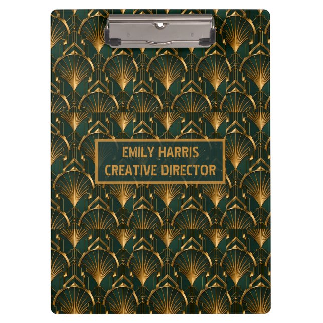 Art Deco Emerald Green Gold Custom Name Clipboard (Front)