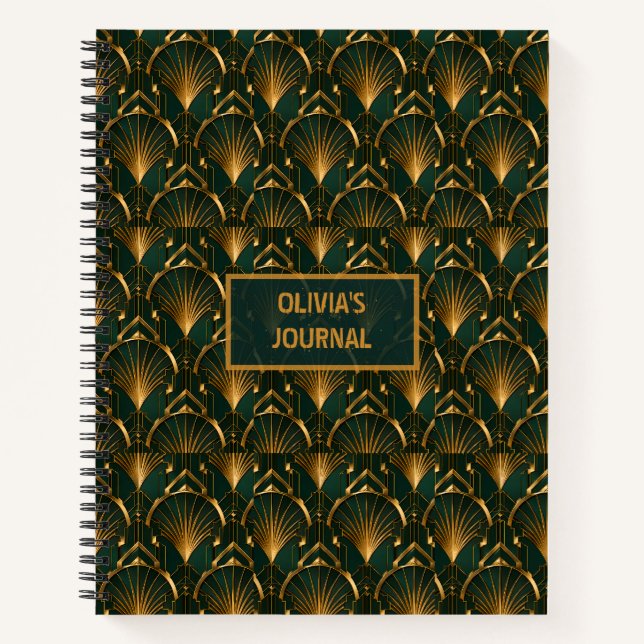 Art Deco Emerald Green Gold Custom Name Monogram Notebook (Front)