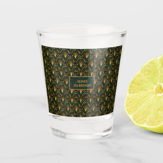 Art Deco Emerald Green Gold Custom Name Shot Glass (Front)