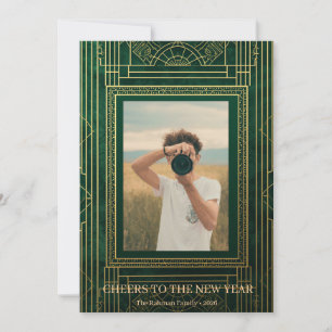 Art Deco Emerald Green Gold Family Photo Christmas Thank You Card