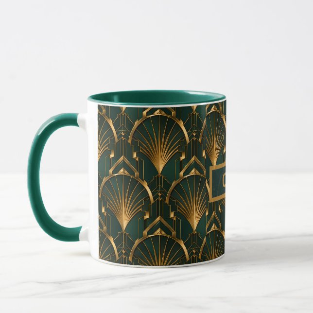 Art Deco Emerald Green Gold Fan Custom Name Mug (Left)