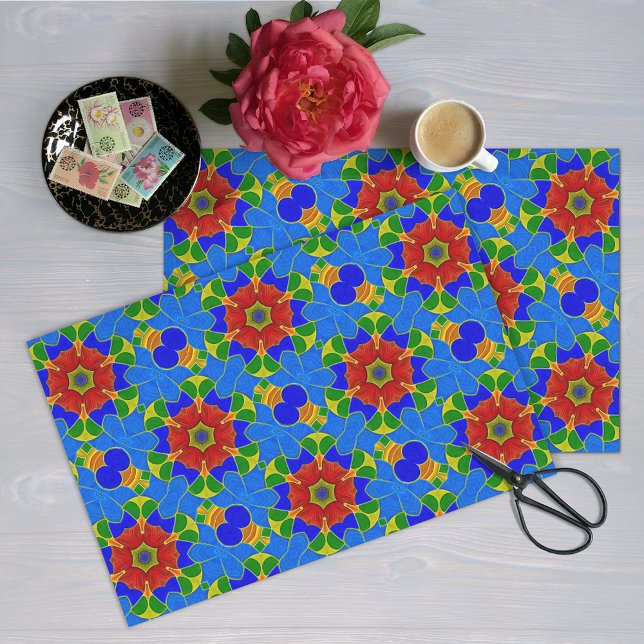 Art Deco Enamel Red Flower on Blue Cloisonne Style Tissue Paper (Creator Uploaded)
