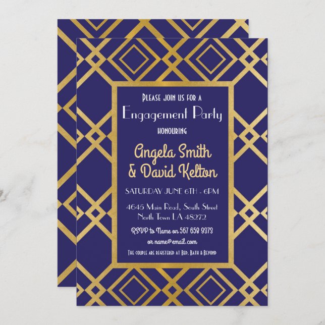 Art Deco Engagement Invitations Invites Navy Gold (Front/Back)