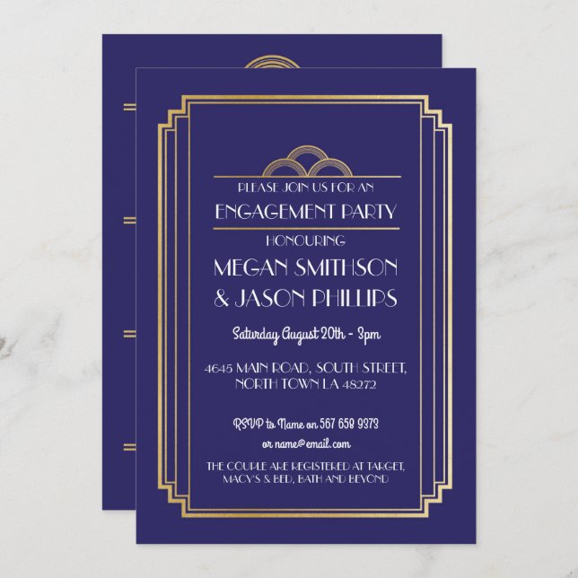 Art Deco Engagement Party Invite Navy Gold 1920's (Front/Back)