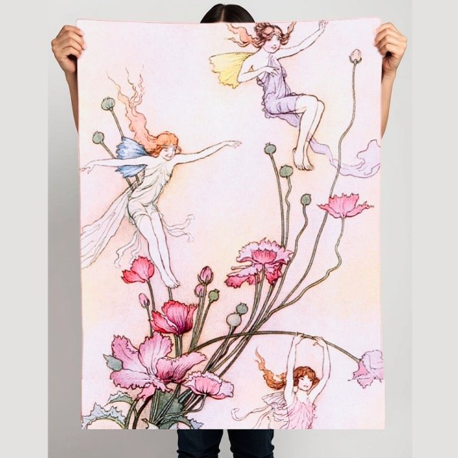 Art Deco Fairies and Flowers Pastel Watercolor Fleece Blanket (Creator Uploaded)