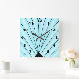 Art Deco Fan Design Blue Square Wall Clock