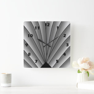 Art Deco Fan Design Grey Square Wall Clock