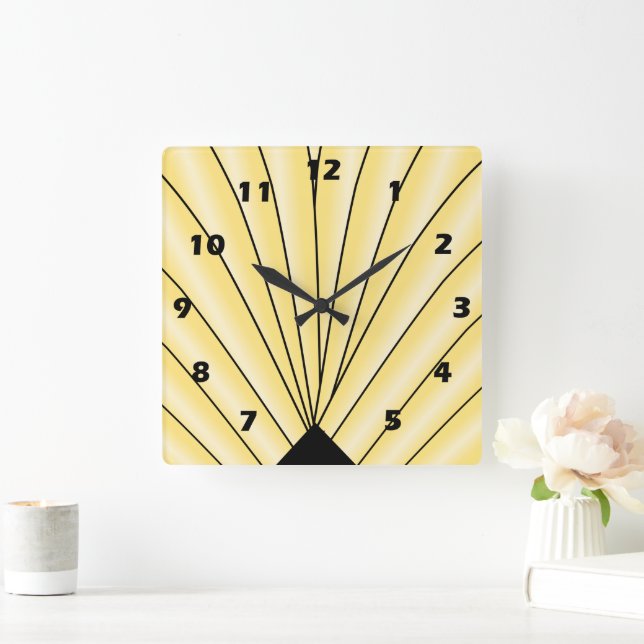 Art Deco Fan Design Yellow Square Wall Clock (Home)