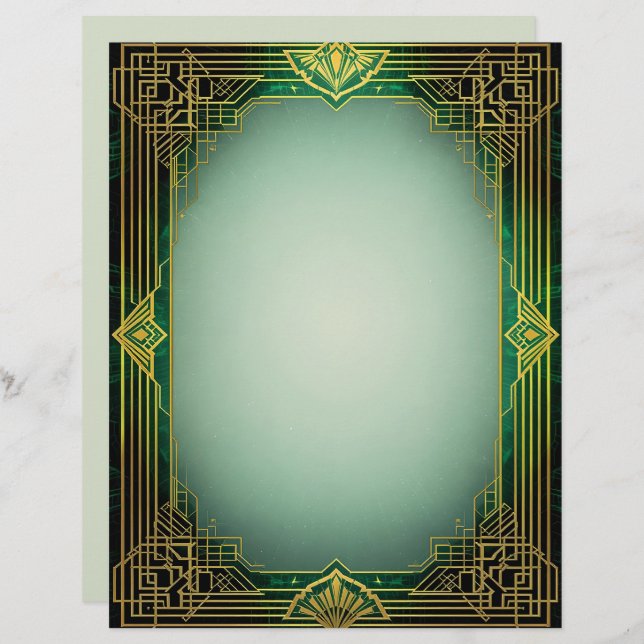 Art Deco Fan Frame on Green Stationery Paper Custom Letterhead (Front/Back)