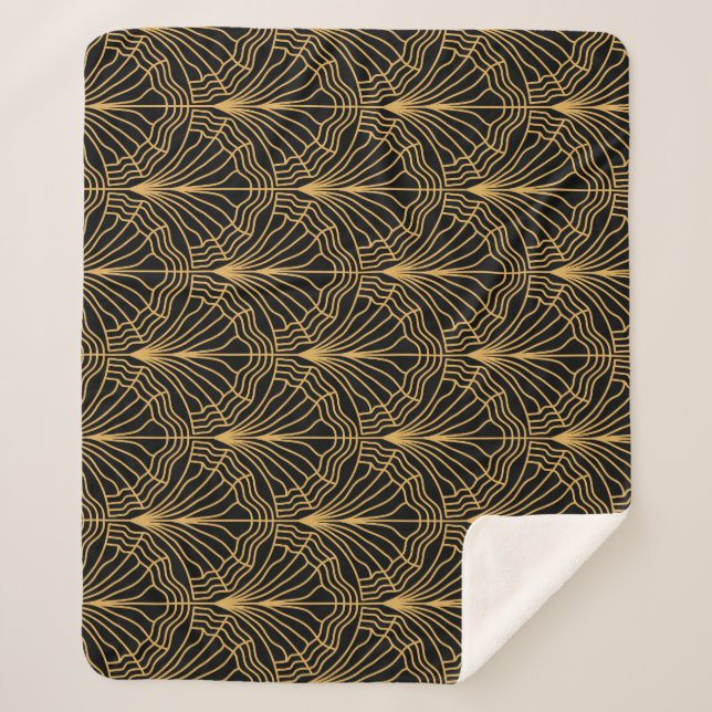 Art Deco Fan: Geometric Yellow Black Sherpa Blanket (Front)