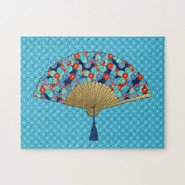 Art Deco Fan in a Flower Pattern, Turquoise & Red Jigsaw Puzzle (Horizontal)