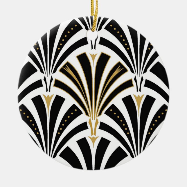 Art Deco fan pattern - black and white Ceramic Tree Decoration (Front)