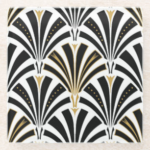 Art Deco fan pattern - black and white Glass Coaster