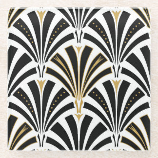 Art Deco fan pattern - black and white Glass Coaster