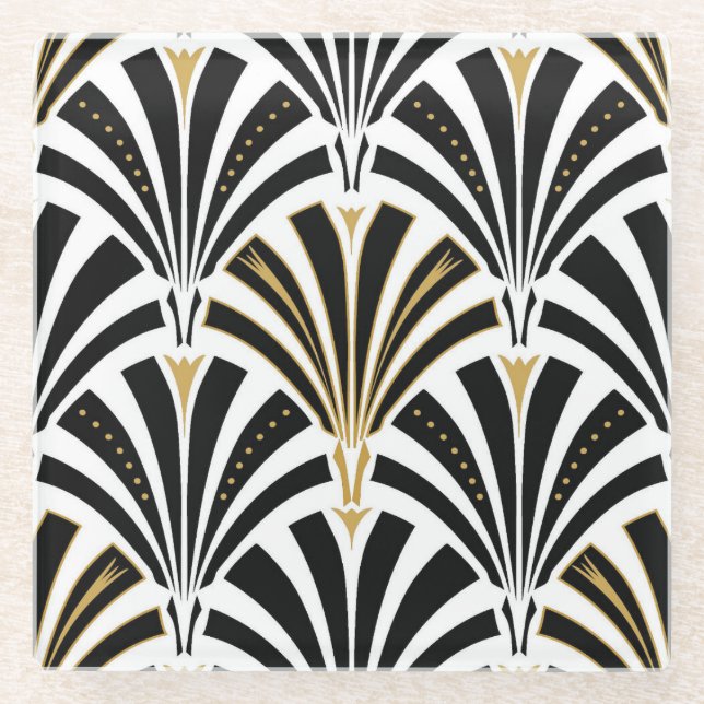 Art Deco fan pattern - black and white Glass Coaster (Front)