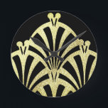 Art deco fan pattern black gold elegant vintage round clock<br><div class="desc">An art deco fan pattern in black and gold. An elegant vintage design.</div>