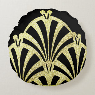 Art deco fan pattern black gold elegant vintage round cushion