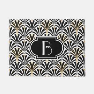Art Deco fan pattern - black on white with gold Doormat