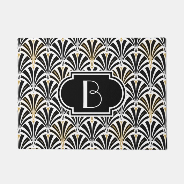 Art Deco fan pattern - black on white with gold Doormat (Front)
