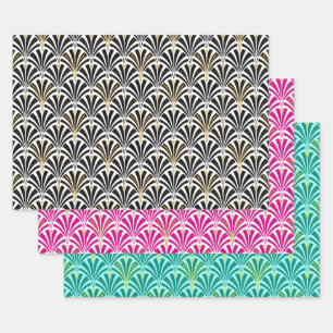Art Deco Fan Pattern, Black/White, Pink, Aqua Wrapping Paper Sheet